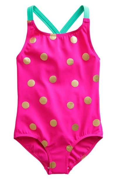 Mini Boden Kids' Crossback Print One-piece Swimsuit In Pink Foil Spot