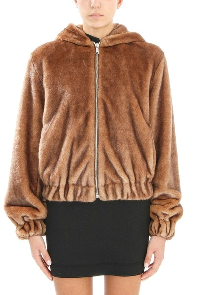 Helmut Lang Brown Faux Fur Hooded Bomber Jacket In Beige ModeSens