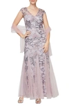 Alex Evenings Embellished-lace Embroidered Illusion Gown & Shawl In Wisteria