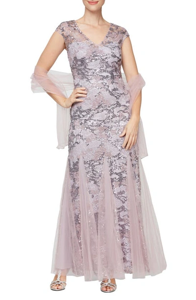 Alex Evenings Embellished-lace Embroidered Illusion Gown & Shawl In Wisteria