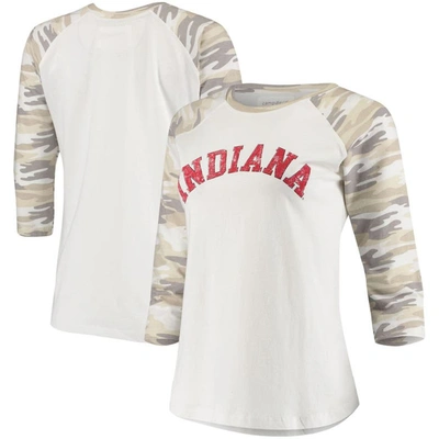 Camp David Women's White And Camo Indiana Hoosiers Boyfriend Baseball Raglan 3/4 Sleeve T-shirt In White,camo