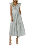 English Factory Floral Ruffle Tiered Midi Dress In Blue Multi
