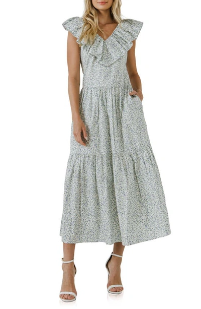 English Factory Floral Ruffle Tiered Midi Dress In Blue Multi