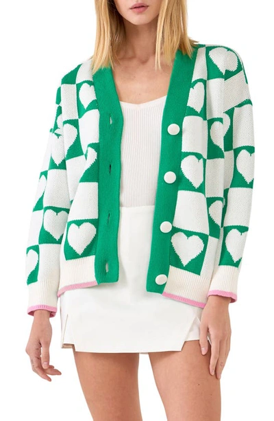 English Factory Heart Knit Jacquard Cardigan Sweater In White/ Green