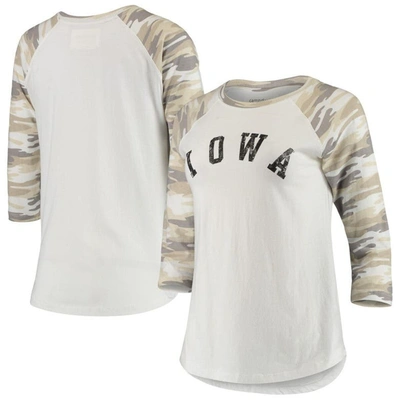 Camp David Women's White And Camo Iowa Hawkeyes Boyfriend Baseball Raglan 3/4-sleeve T-shirt In White,camo