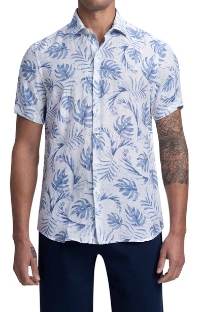 Bugatchi Shaped Fit Tropical Leaf Print Short Sleeve Linen Button-up Shirt In Riviera