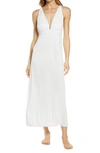 Natori Enchant Deep V-neck Satin Nightgown In Ivory W/ Shell Pink Lace
