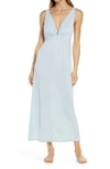 Natori Enchant Deep V-neck Satin Nightgown In Frsted Blu Shell Pink Lace