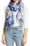 Nordstrom Eyelash Trim Print Cashmere & Silk Wrap In Blue Feather Painted Petals