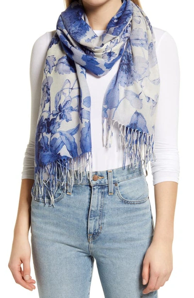 Nordstrom Eyelash Trim Print Cashmere & Silk Wrap In Blue Sunlit Petals