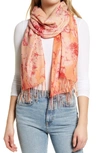 Nordstrom Tissue Print Wool & Cashmere Wrap Scarf In Orange Sunlit Petals