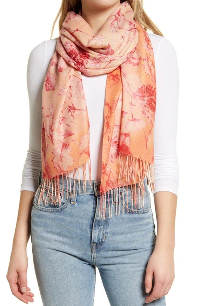 Nordstrom Tissue Print Wool & Cashmere Wrap Scarf In Orange Sunlit Petals