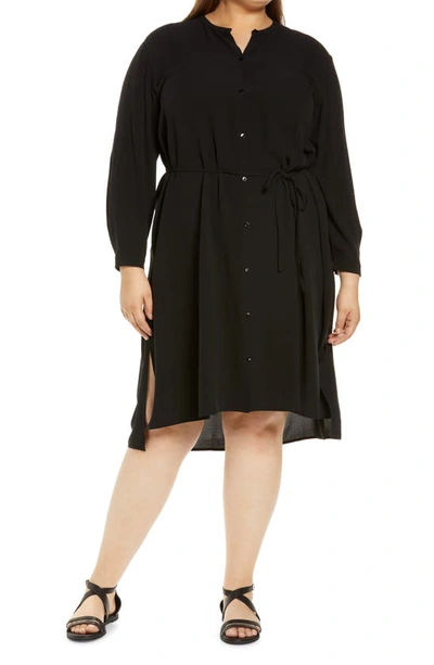 Eileen Fisher Band Collar Long Sleeve Silk Button-up Shirtdress In Black