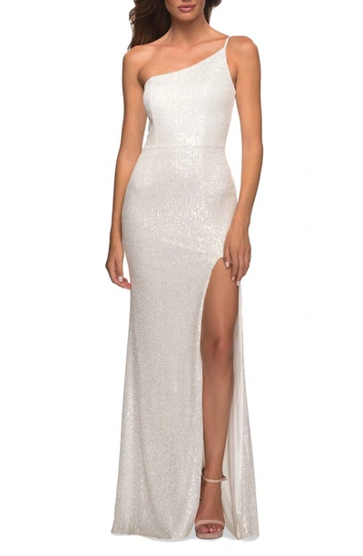 La Femme Simple One Shoulder Long Sequin Evening Gown In White