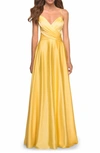 La Femme Sleeveless Satin Gown In Yellow