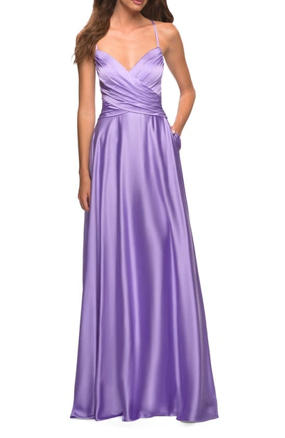 La Femme Satin Ruched Strappy Gown In Lavender