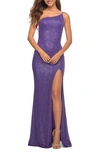 La Femme Bright Simple One Shoulder Sequin Evening Gown In Purple