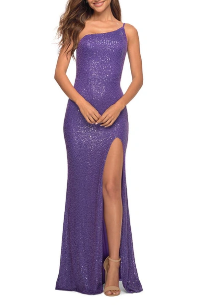 La Femme Bright Simple One Shoulder Sequin Evening Gown In Purple