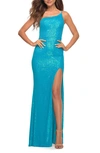 La Femme One-shoulder Sequin Gown In Aqua