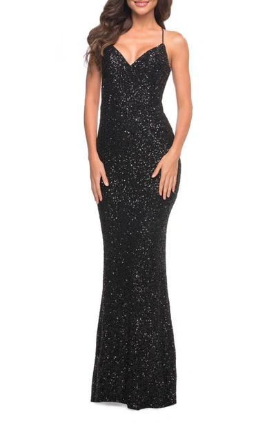 La Femme Stretch Sequin Sleeveless Gown In Black
