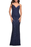 La Femme Stretch Sequin Sleeveless Gown In Navy