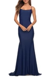 La Femme Sleeveless Jersey Gown With Train In Navy