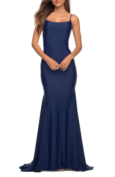 La Femme Sleeveless Jersey Gown With Train In Blue