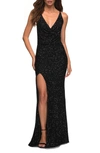 La Femme Sequin Sleeveless Gown In Black