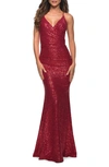 La Femme Sequin Trumpet Gown In Red