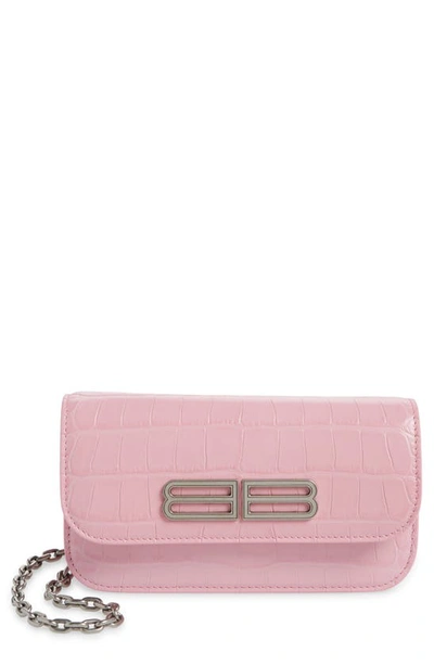Balenciaga Gossip Bb Logo Croc Embossed Leather Wallet On A Chain In Candy Pink