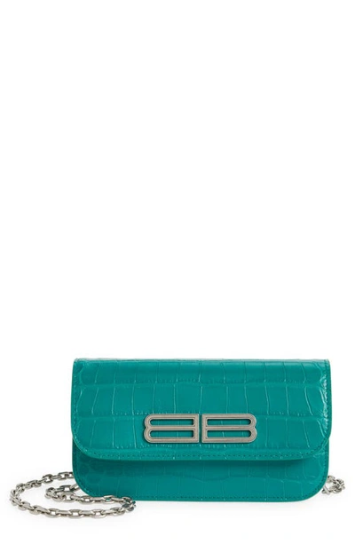 Balenciaga Gossip Bb Logo Croc Embossed Leather Wallet On A Chain In Jade
