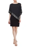 Sl Fashions Foil Trim Asymmetrical Popover Capelet Sheath Dress In Black,silver