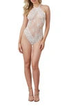 Dreamgirl Mesh & Eyelash Lace Halter Teddy In White