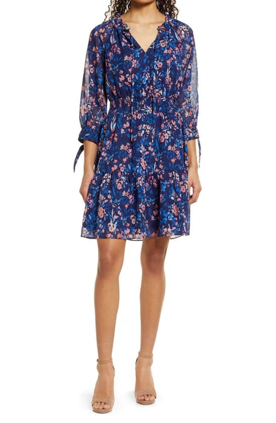 Eliza J Floral Smocked Waist Long Sleeve Dress In Blue