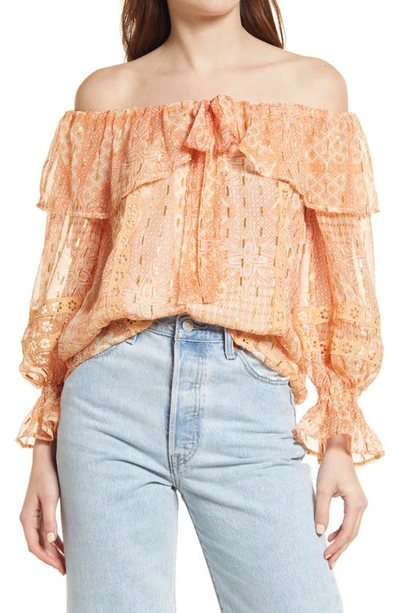 River Island Geo Print Off The Shoulder Blouse In Orange ModeSens