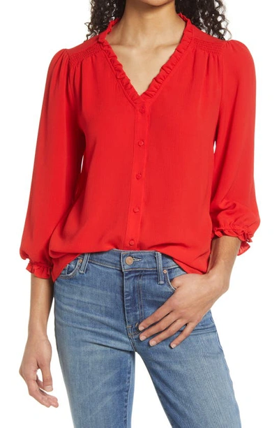 Cece Ruffle V-neck Blouse In Red