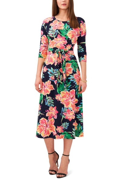 Chaus Floral Tie Front Three-quarter Sleeve Midi Dress In Navy/ Green/ Orange