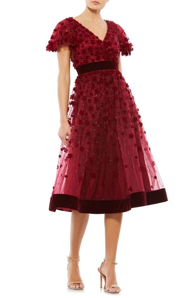 Mac Duggal Women's Embellished Butterfly Sleeve Velvet Hem Midi Dress In Burgundy