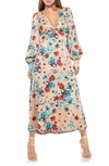 Afrm Viola Cutout Long Sleeve Midi Dress In Aqua Bouquet