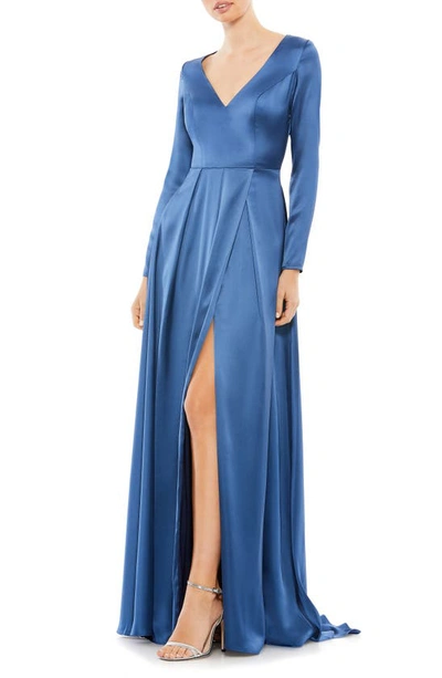 Mac Duggal Long Sleeve Satin A-line Gown In Midnight
