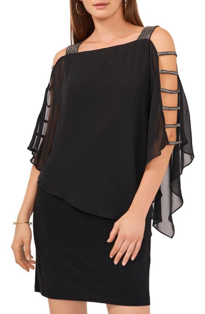 Chaus Embellished Ladder Sleeve Chiffon Dress In Black/ Metal