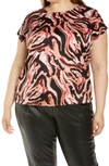 Halogen Cap Sleeve Satin Top In Pink- Black Ink Strokes