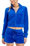 Juicy Couture Mock-neck Velour Cropped Zip-front Jacket In Dark Blue