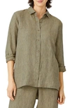 Eileen Fisher Organic Linen Long Sleeve Button-up Shirt In Tarragon