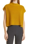 Eileen Fisher Mock Neck Organic Linen & Cotton Short Sleeve Sweater In Mustard Seed