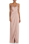 After Six Sleeveless Satin Faux Wrap Gown In Toasted Sugar