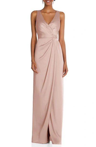 After Six Sleeveless Satin Faux Wrap Gown In Toasted Sugar