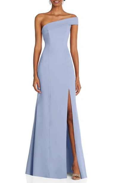 After Six Asymmetric Off-shoulder Gown W/ Slit In Blue