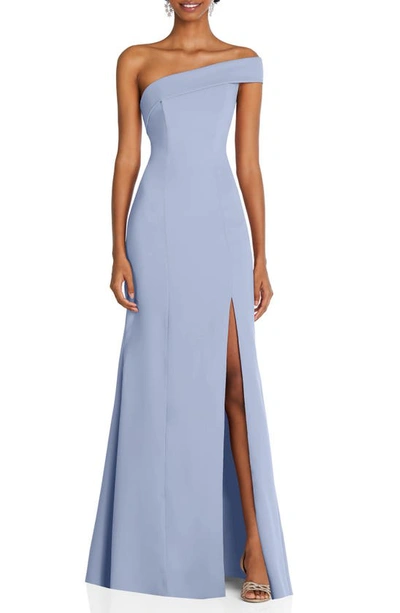 After Six Asymmetrical Off-the-shoulder Cuff Trumpet Gown With Front Slit In Blue