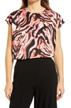 Halogen Cap Sleeve Satin Blouse In Pink- Black Ink Strokes